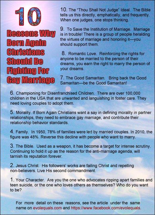 Ten Reasons Why Born Again Christians Should Be Fighting FOR Gay Marriage